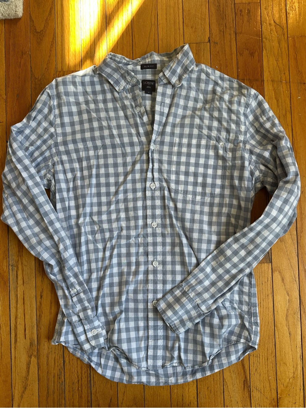 J. Crew Men's Light Blue and White Gingham Button-Down Shirt
